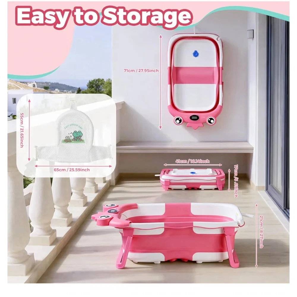 Collapsible Baby Bathtub with Thermometer & Newborn Support Sling
